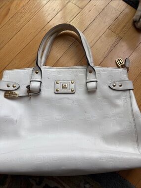 Kem White Embossed Tote Bag with Gold Hardware